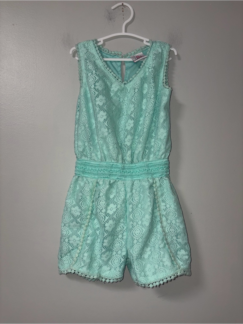 Real You Mint Green Floral Geometric‎ Lace Crochet Sleeveless Romper Girls 5/6